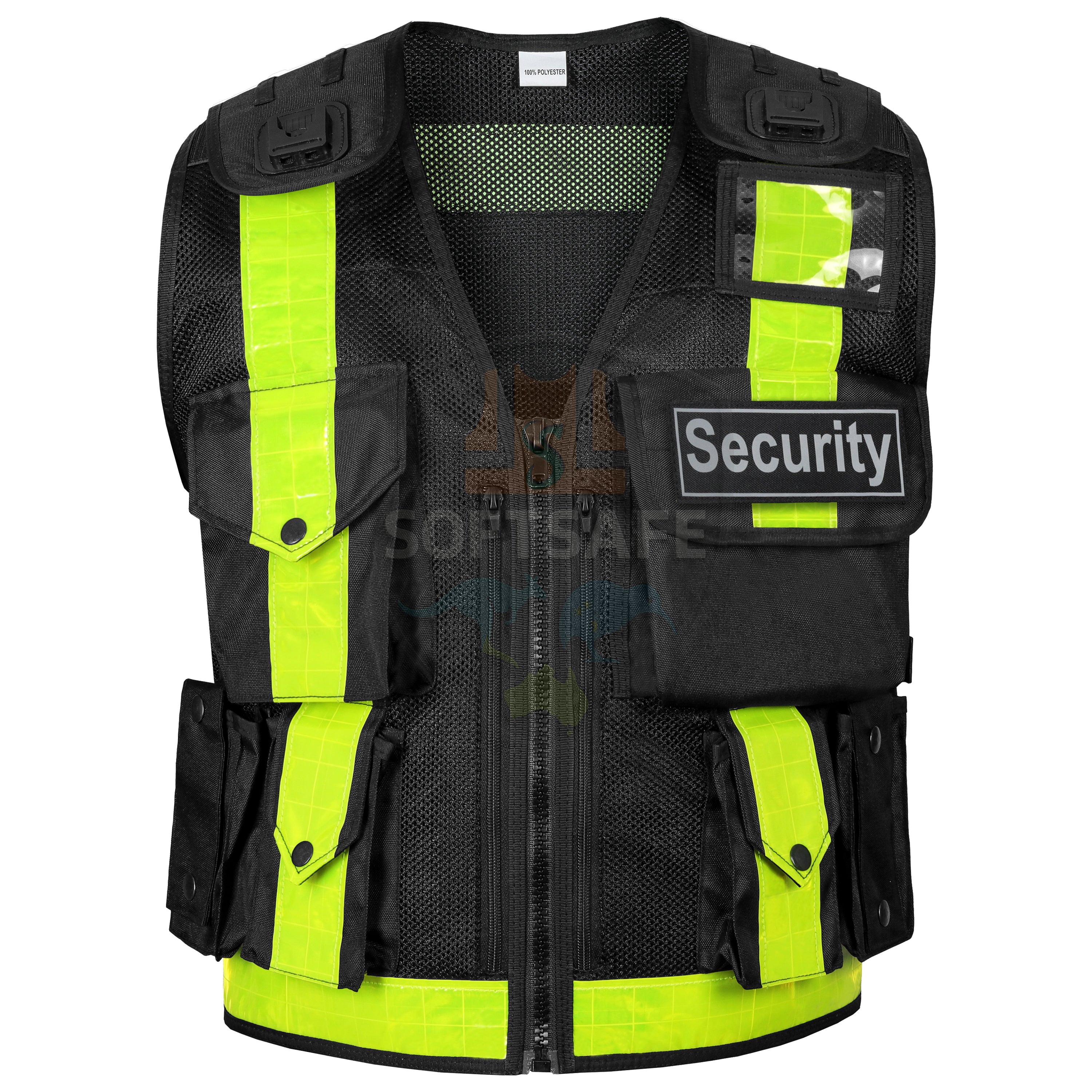 SOFTSAFE Black Security Vest – High-Visibility Mesh Safety Vest with Removable Patches & Multi-Pockets