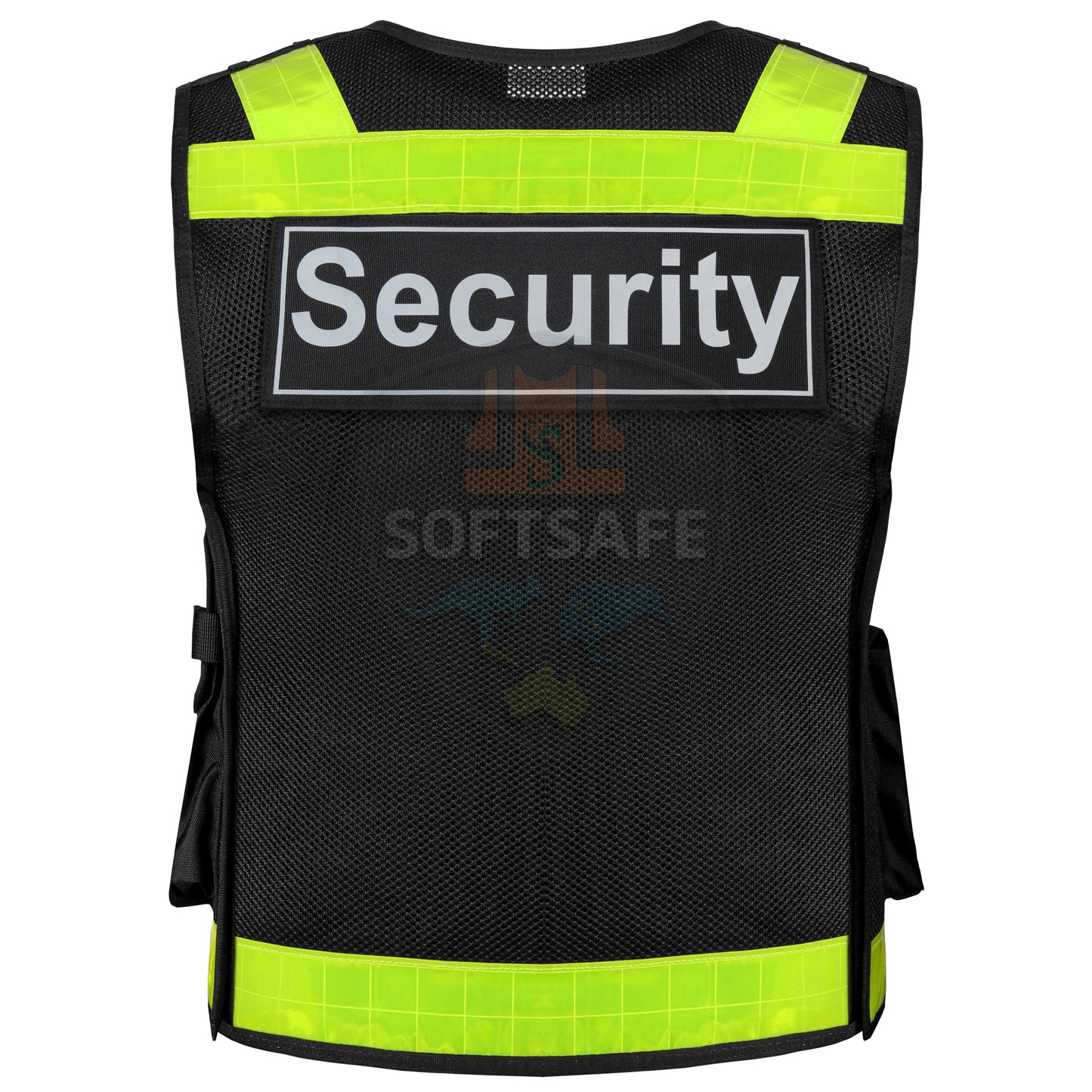 SOFTSAFE Black Security Vest – High-Visibility Mesh Safety Vest with Removable Patches & Multi-Pockets