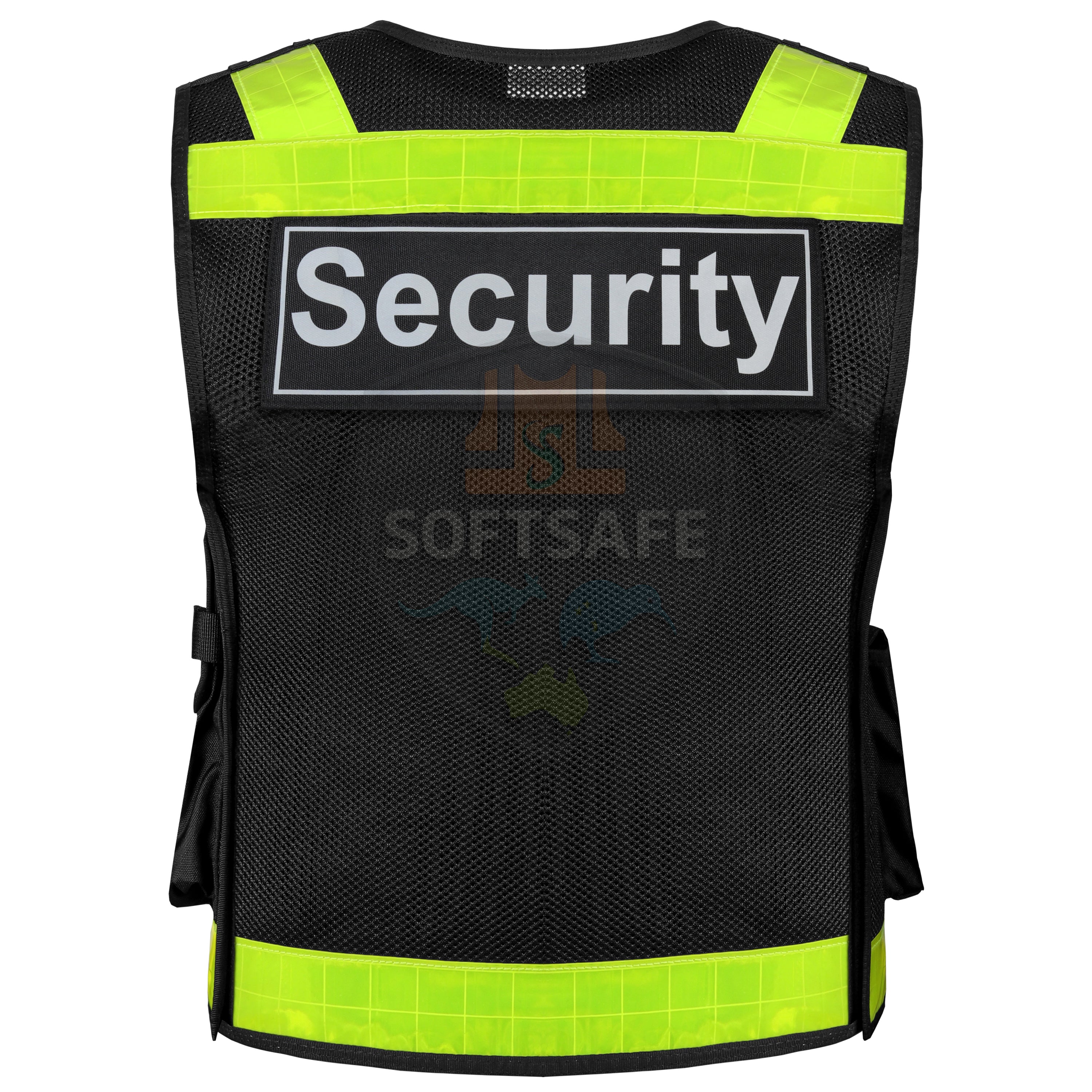 SOFTSAFE Black Security Vest – High-Visibility Mesh Safety Vest with Removable Patches & Multi-Pockets