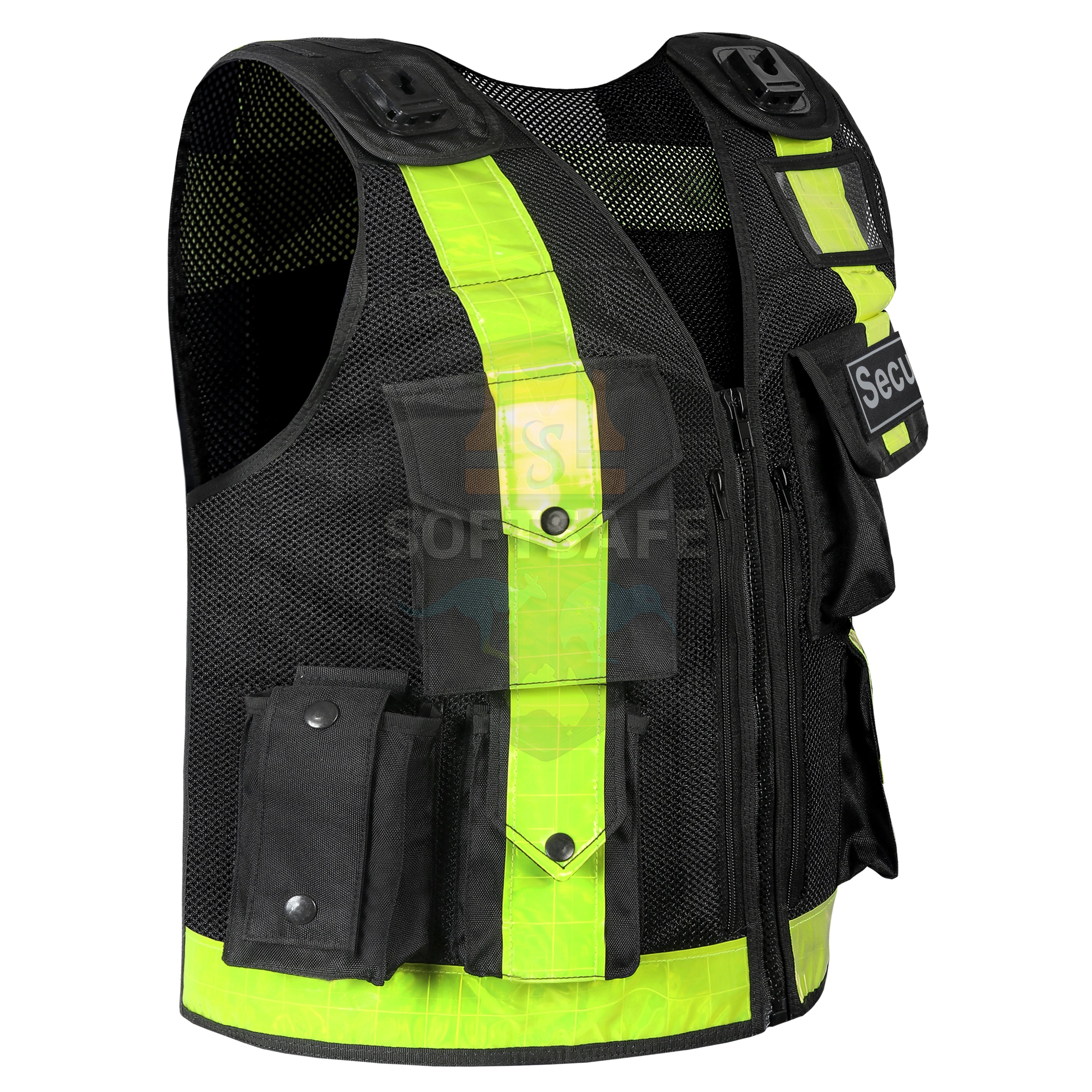 SOFTSAFE Black Security Vest – High-Visibility Mesh Safety Vest with Removable Patches & Multi-Pockets