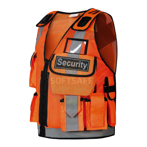 High-Visibility Orange Security Vest with Reflective Strips – Multi-Pocket Safety Vest for Security, Police & Construction