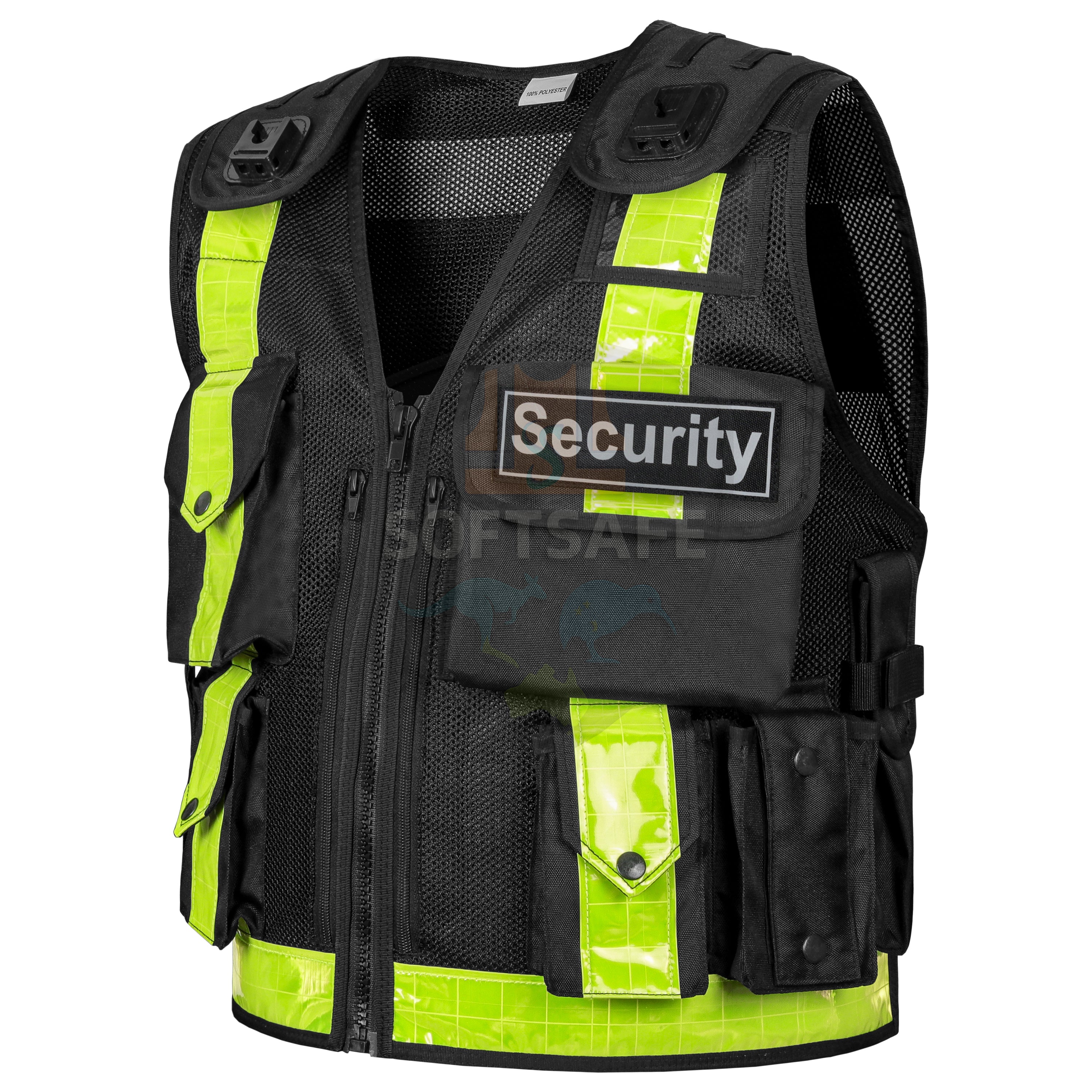 SOFTSAFE Black Security Vest – High-Visibility Mesh Safety Vest with Removable Patches & Multi-Pockets
