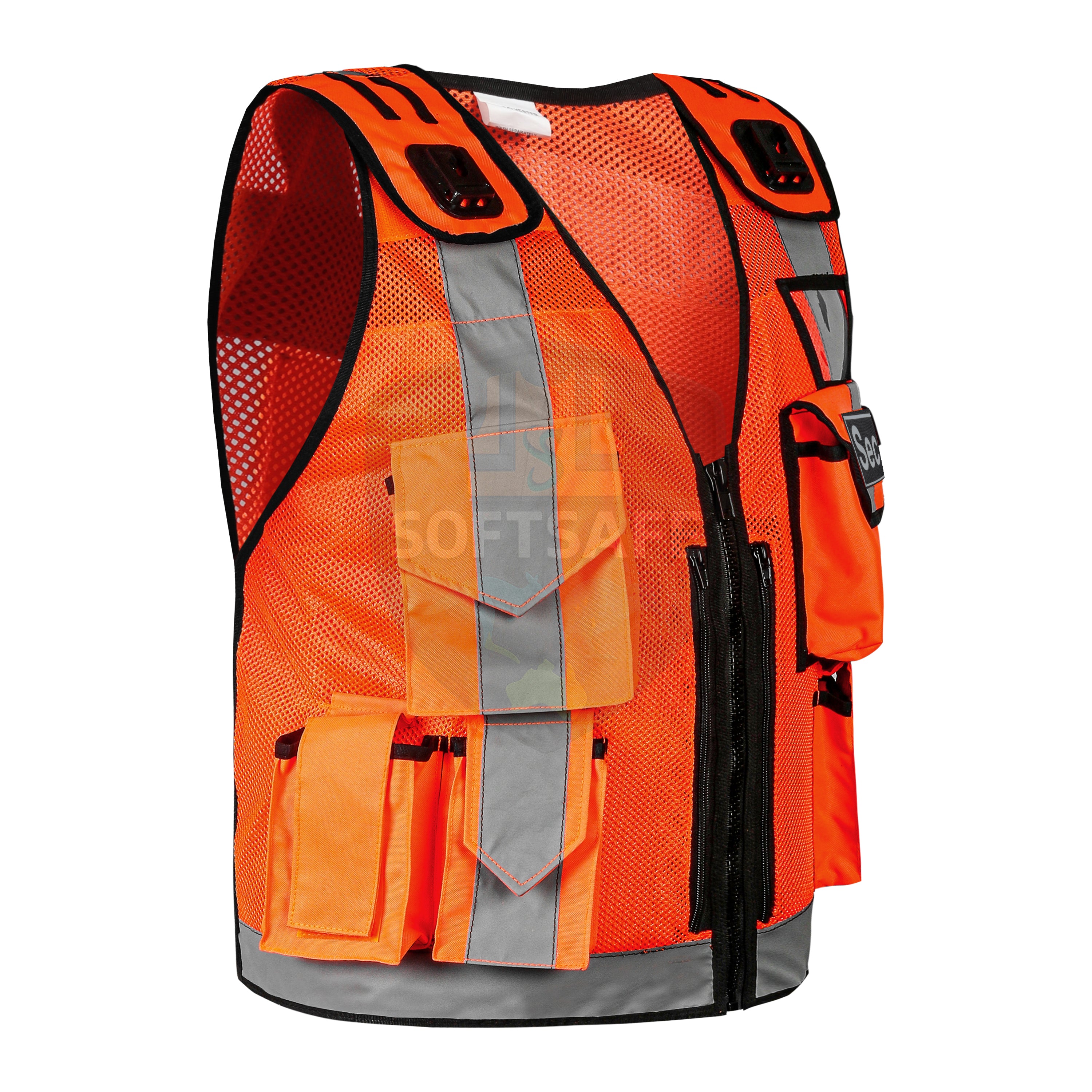 High-Visibility Orange Security Vest with Reflective Strips – Multi-Pocket Safety Vest for Security, Police & Construction